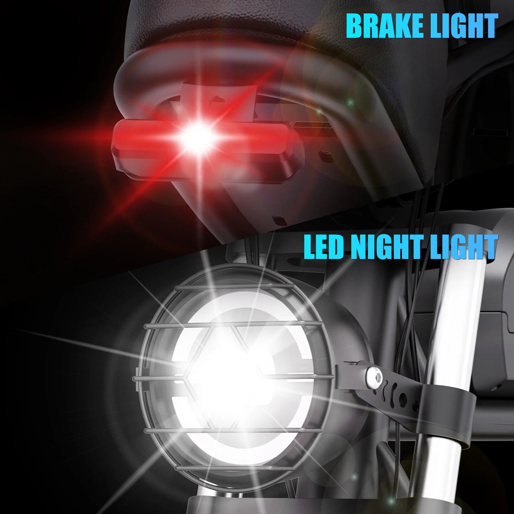 Primo piano del faro e del fanale posteriore di una e-bike. Luce intensa. Testo: BRAKE LIGHT e LED NIGHT LIGHT.