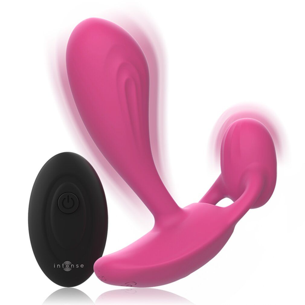 Vibratore rosa con telecomando nero. Marchio: Intense. Il telecomando ha un pulsante di accensione/spegnimento.
