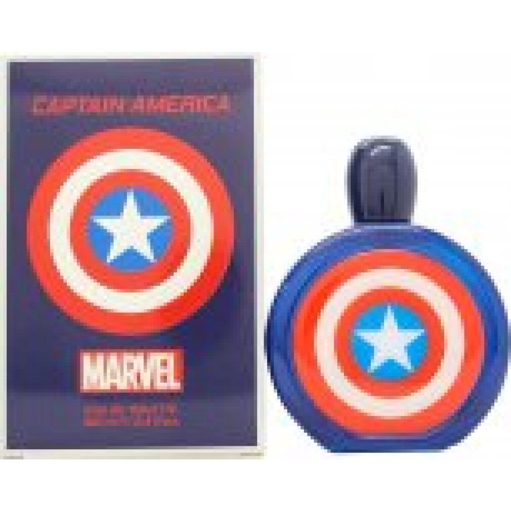Flacone di profumo blu e scatola con design scudo di Captain America. Logo Marvel visibile.
