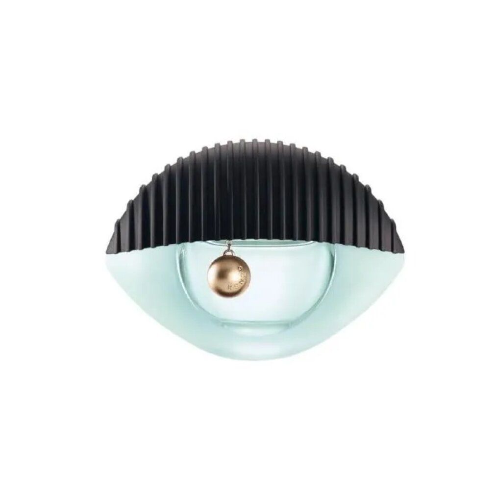 Flacone di profumo azzurro a forma di occhio, tappo nero, pendente dorato.