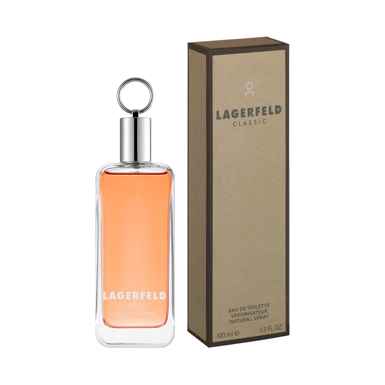 Flacone e confezione. Flacone con liquido arancione. Confezione marrone con scritta: Lagerfeld Classic Eau De Toilette.