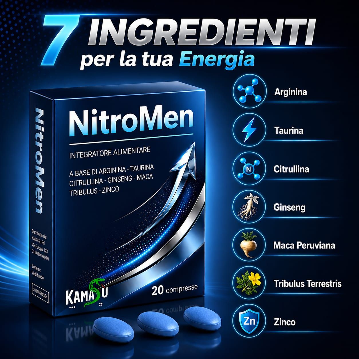 Scatola integratore alimentare NitroMen con 20 compresse e simboli di 7 ingredienti: Arginina, Taurina, Citrullina, Ginseng, Maca, Tribulus, Zinco.