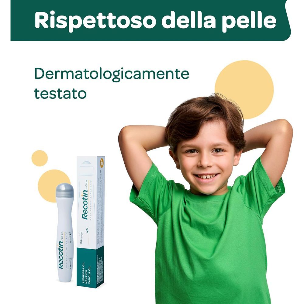 Ragazzo con roll-on e confezione. Testo: Dermatologicamente testato. Prodotto: Recotin Roll-on.