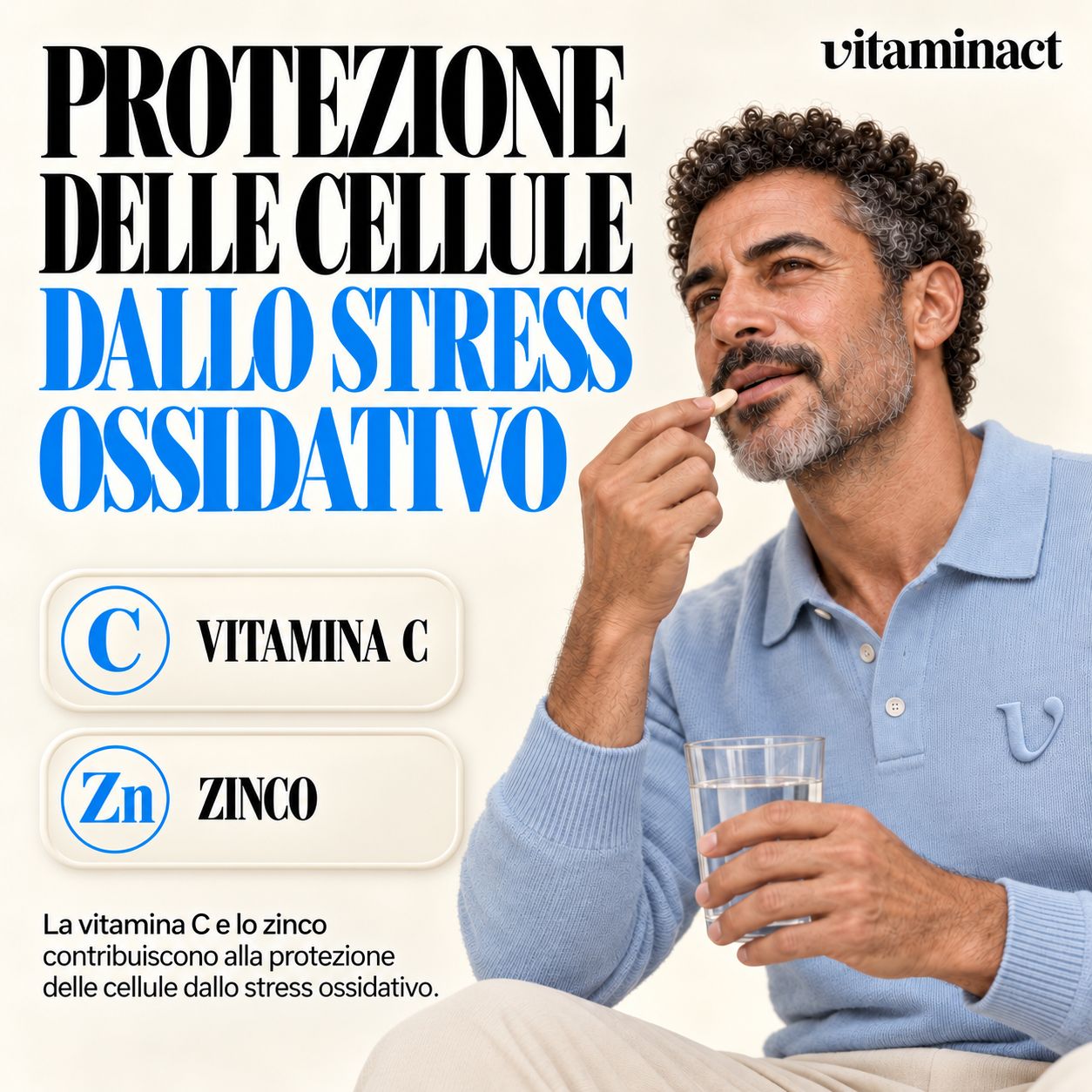 Uomo che assume una compressa di Lactoferrin Immuno Pro di Vitaminact, con Vitamina C e Zinco.
