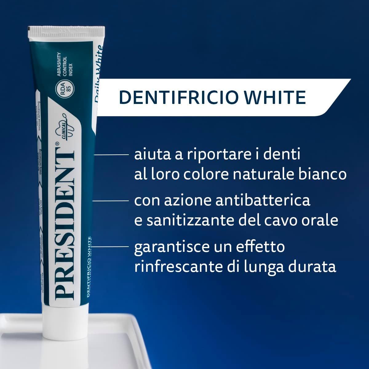 Tubo dentifricio bianco-blu. Testo: PRESIDENT, DENTIFRICIO WHITE. RDA 85. Menta. Clinicamente testato.