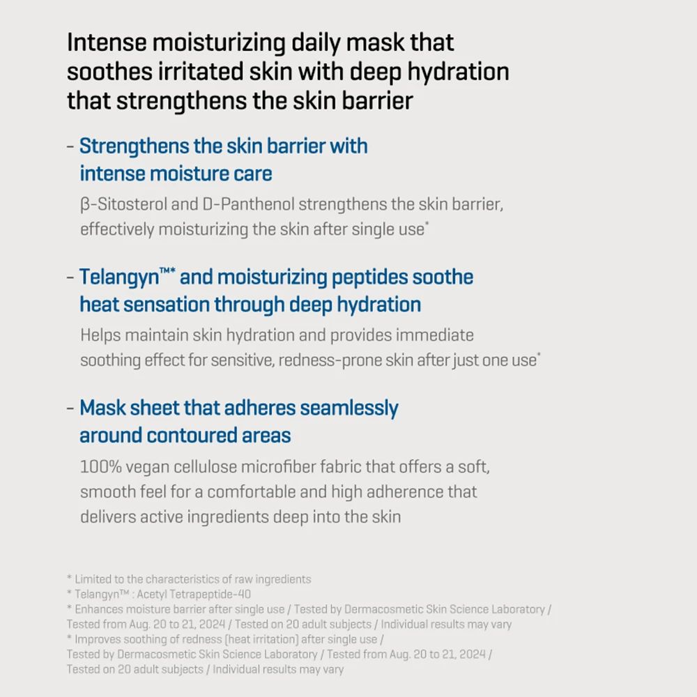 Testo con titolo: Intense moisturizing daily mask. Descrive proprietà, ingredienti e benefici della maschera.