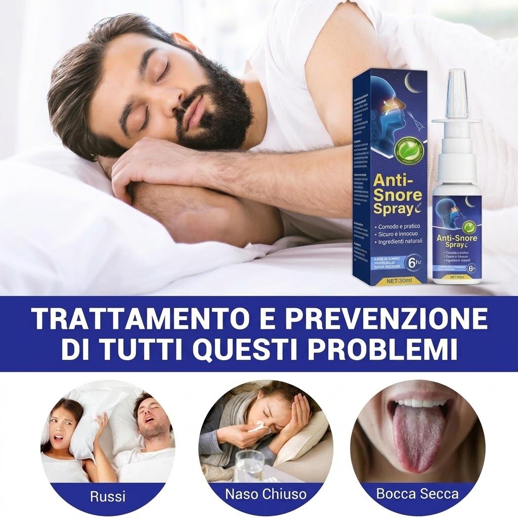 Uomo che dorme, spray nasale e confezione. Scritta: Anti-Snore Spray. Immagini di russamento, naso chiuso, bocca secca.