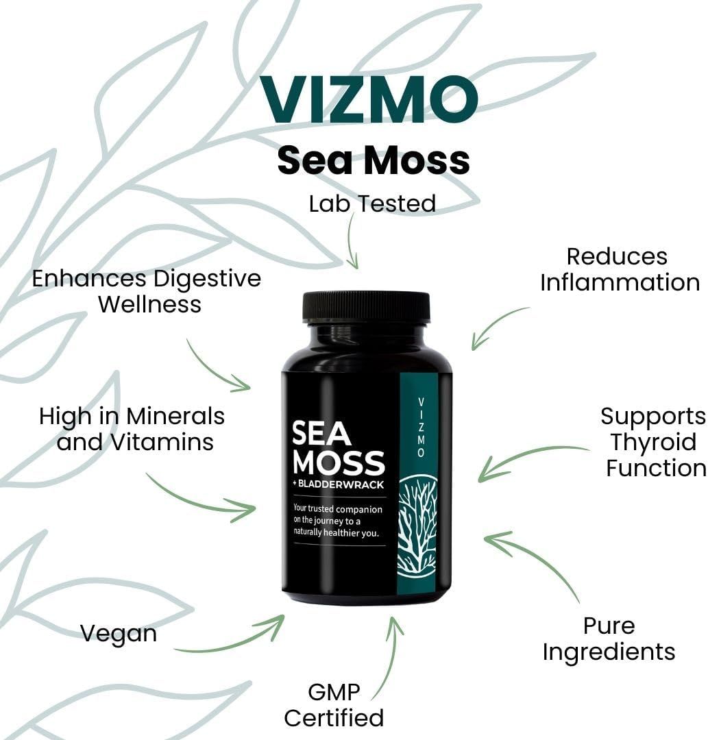 Flacone nero di capsule Sea Moss. Testo: Vizmo, Sea Moss, Lab Tested, Vegan, GMP Certified.