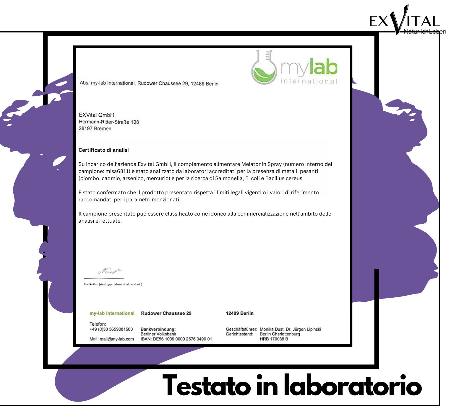 Rapporto di laboratorio per spray melatonina EXVital, testato in laboratorio (Italiano).