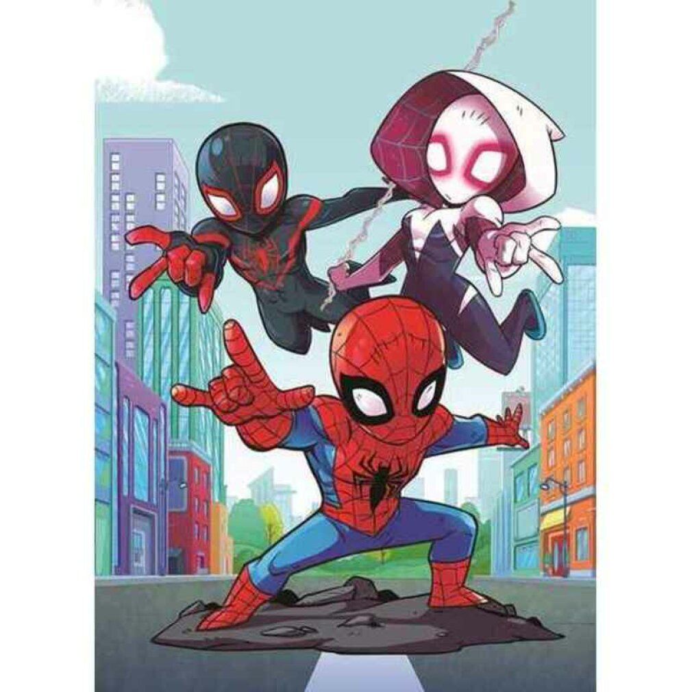 Illustrazione puzzle con tre personaggi di Spider-Man. Spider-Man nero, Spider-Gwen e Spider-Man in stile fumetto davanti a uno sfondo urbano.