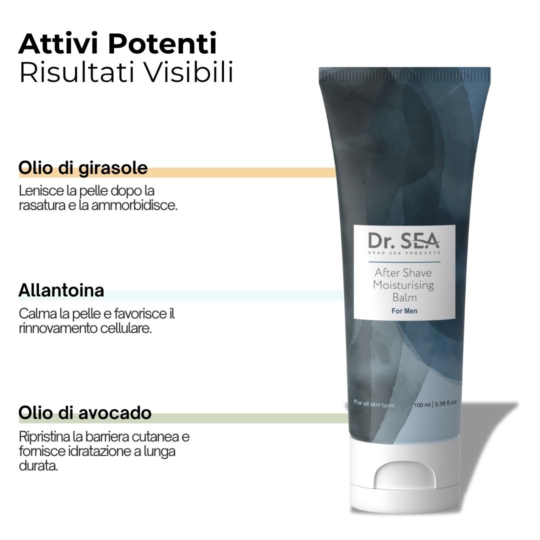 Tubo di balsamo dopobarba. Testo: Olio di girasole, Allantoina, Olio di avocado. Risultati visibili.