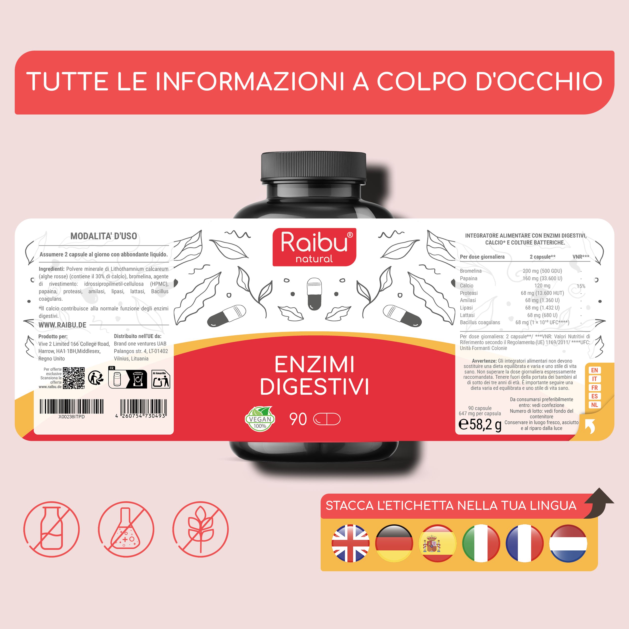 Flacone con etichetta. Informazioni su Enzym Komplex. Etichette multilingue.