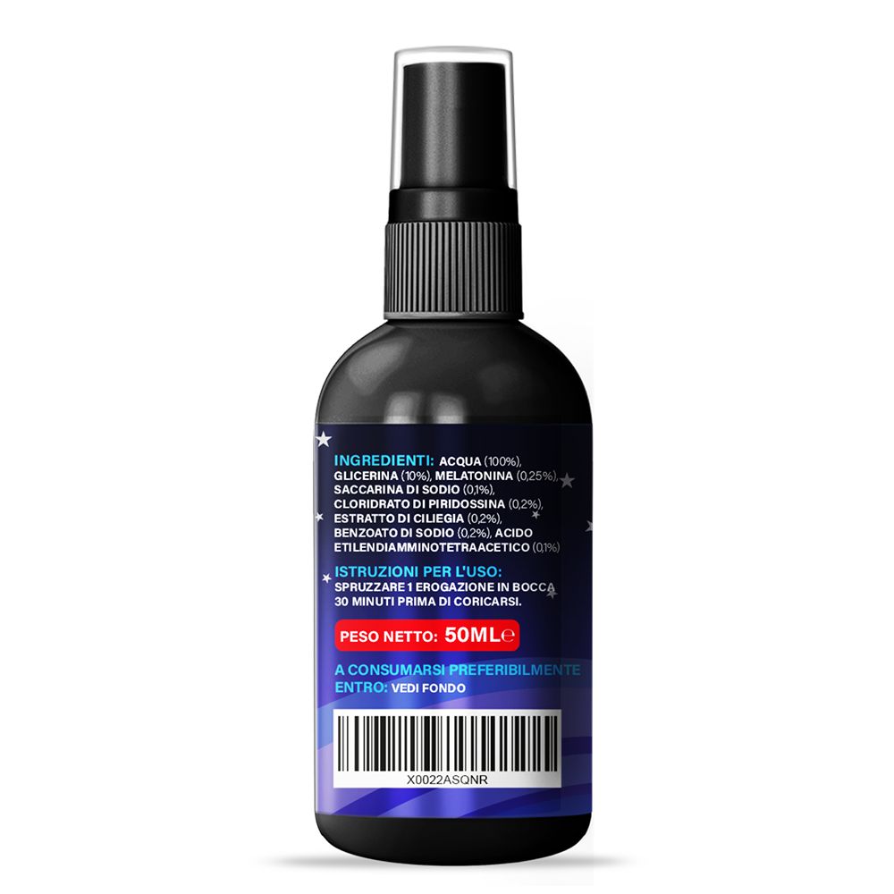 Retro del flacone spray. Elenco ingredienti, istruzioni per l'uso e data di scadenza. 50ml. Codice a barre.