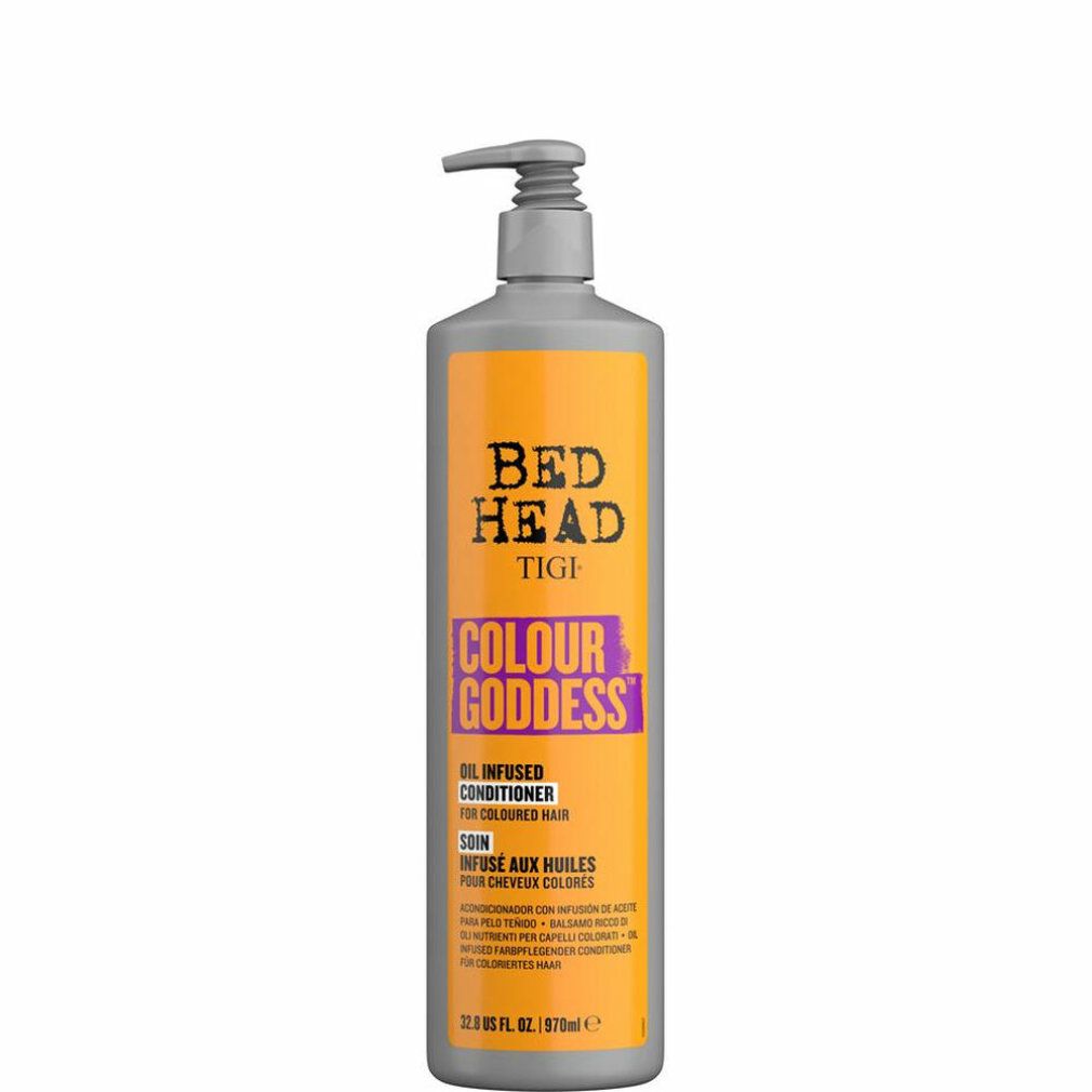 Flacone di balsamo Bed Head TIGI Colour Goddess con erogatore, etichetta arancione.