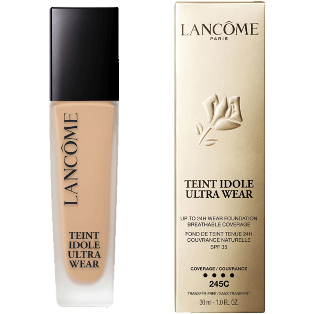 Flacone di fondotinta Lancôme con tappo nero e confezione. Informazioni sul prodotto visibili. Nome: Teint Idole Ultra Wear.