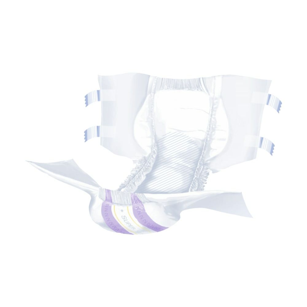 Pannolino Super Seni Plus XS aperto. Bianco con chiusure blu e strisce viola. Struttura interna visibile.