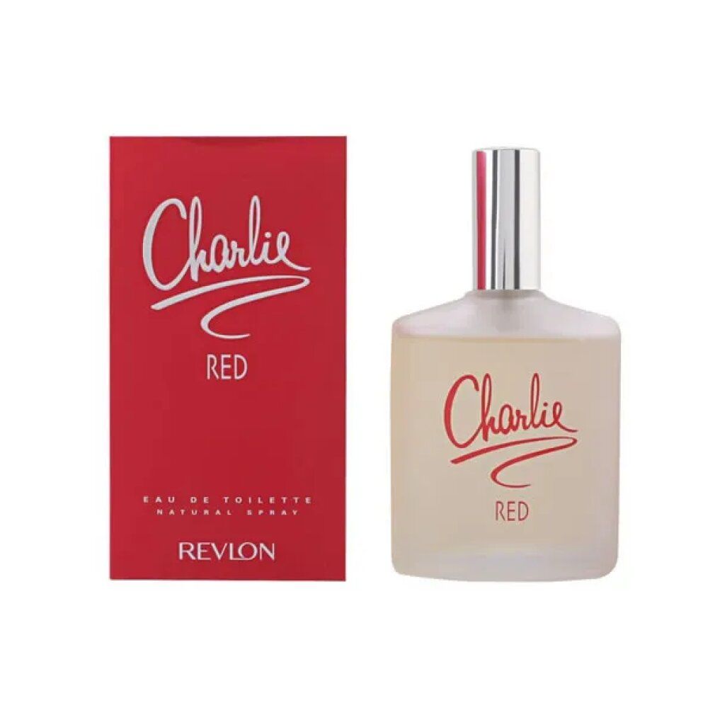 Scatola e flacone rossi di Charlie Red Eau de Toilette Spray. Scritta Charlie Red in bianco. Logo Revlon.