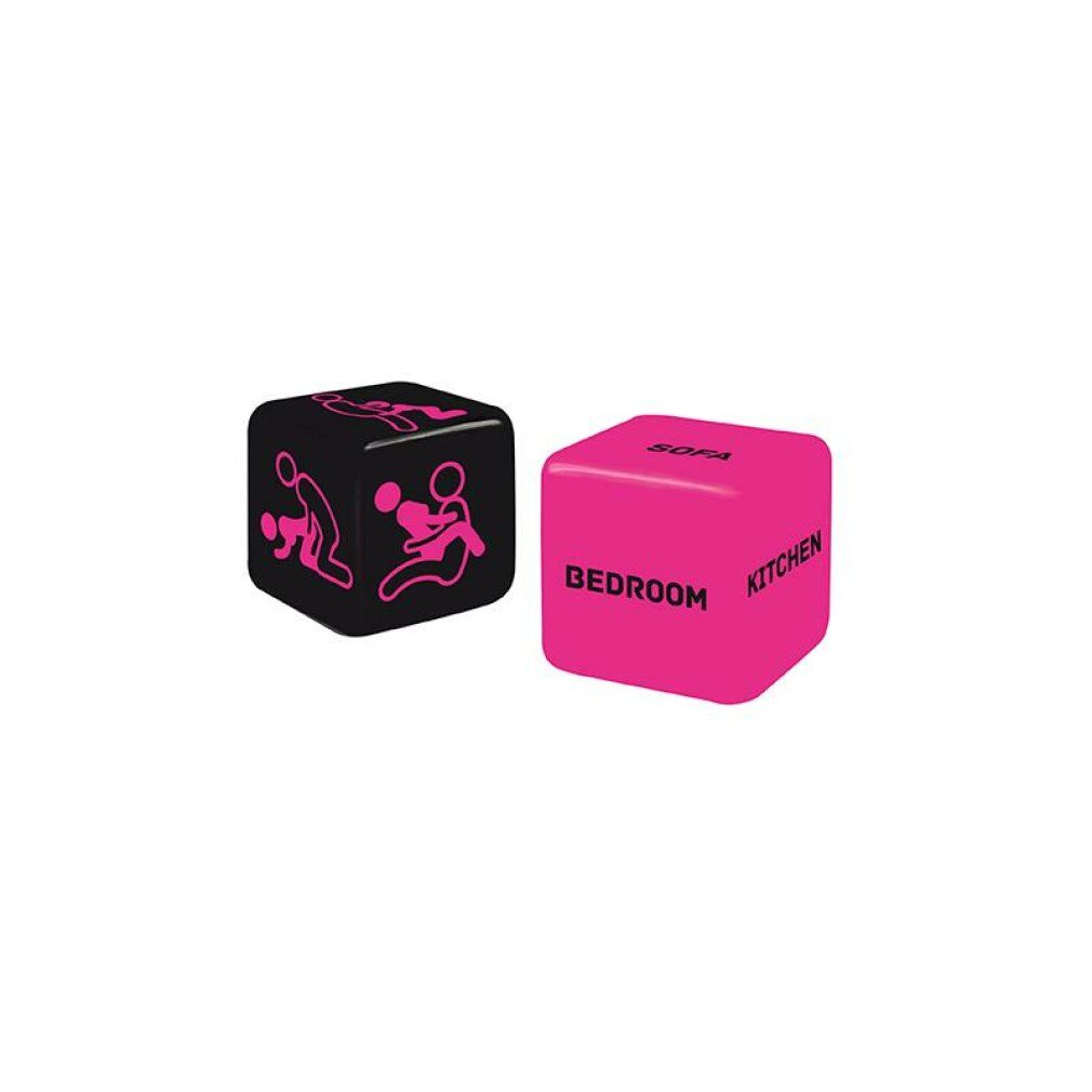 Due dadi: Nero con simboli Kama Sutra rosa, Rosa con luoghi come 'Divano', 'Camera', 'Cucina'.