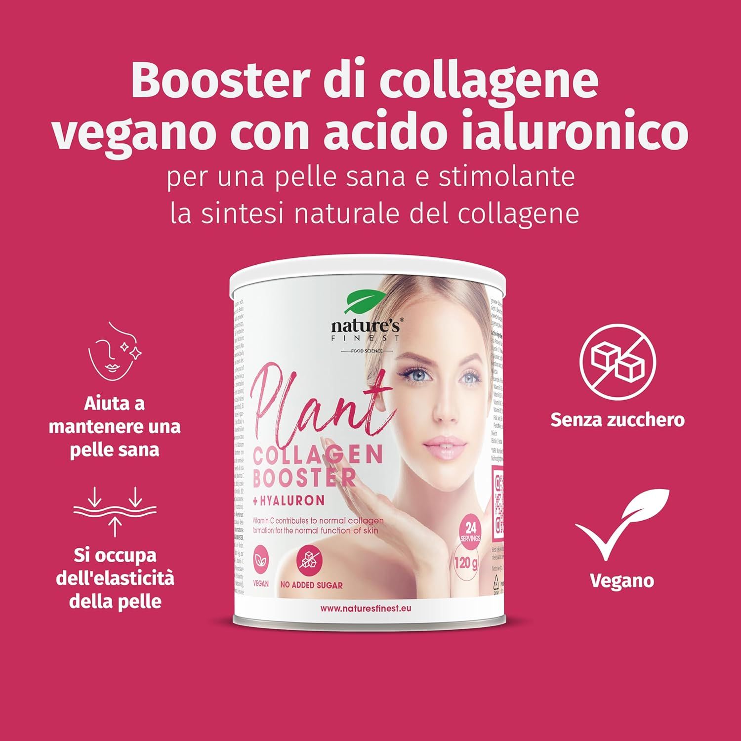 Booster di collagene vegetale Nature's Finest. Senza zucchero, con acido ialuronico. Testo su sfondo rosso.