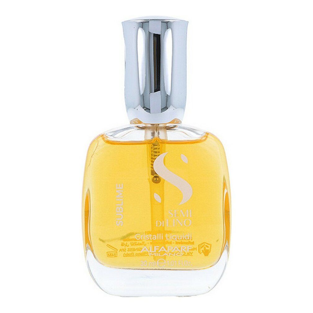 Flacone di vetro giallo con tappo argentato. Scritta: Sublime, Semi Di Lino Cristalli Liquidi, Alfaparf Milano. Etichetta.