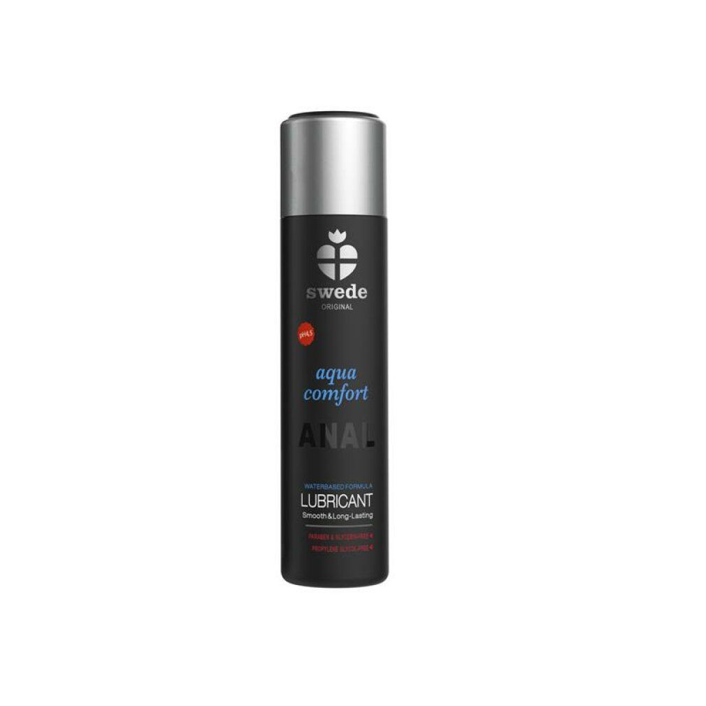 Flacone cilindrico nero con tappo argentato. Scritta bianca: "aqua comfort ANAL LUBRICANT". Marchio Swede.