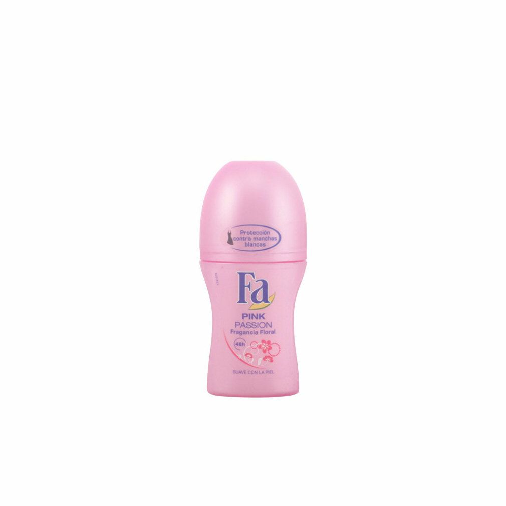 Deodorante roll-on rosa. Scritta: Fa Pink Passion, profumo floreale, anti-traspirante, delicato sulla pelle. Con tappo rosa.