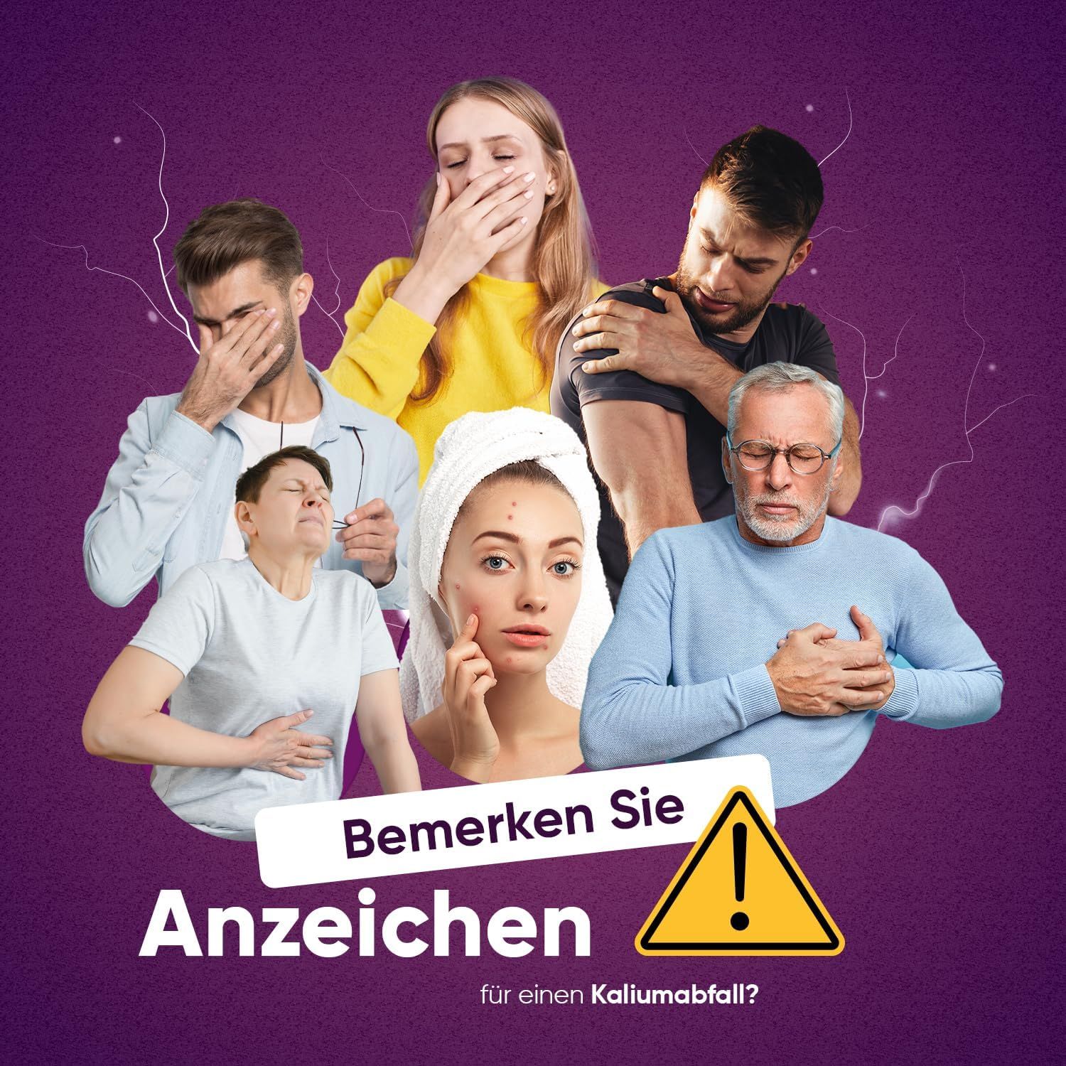 Immagine pubblicitaria con persone che mostrano sintomi di carenza di potassio. Testo: Noti segni di calo di potassio?