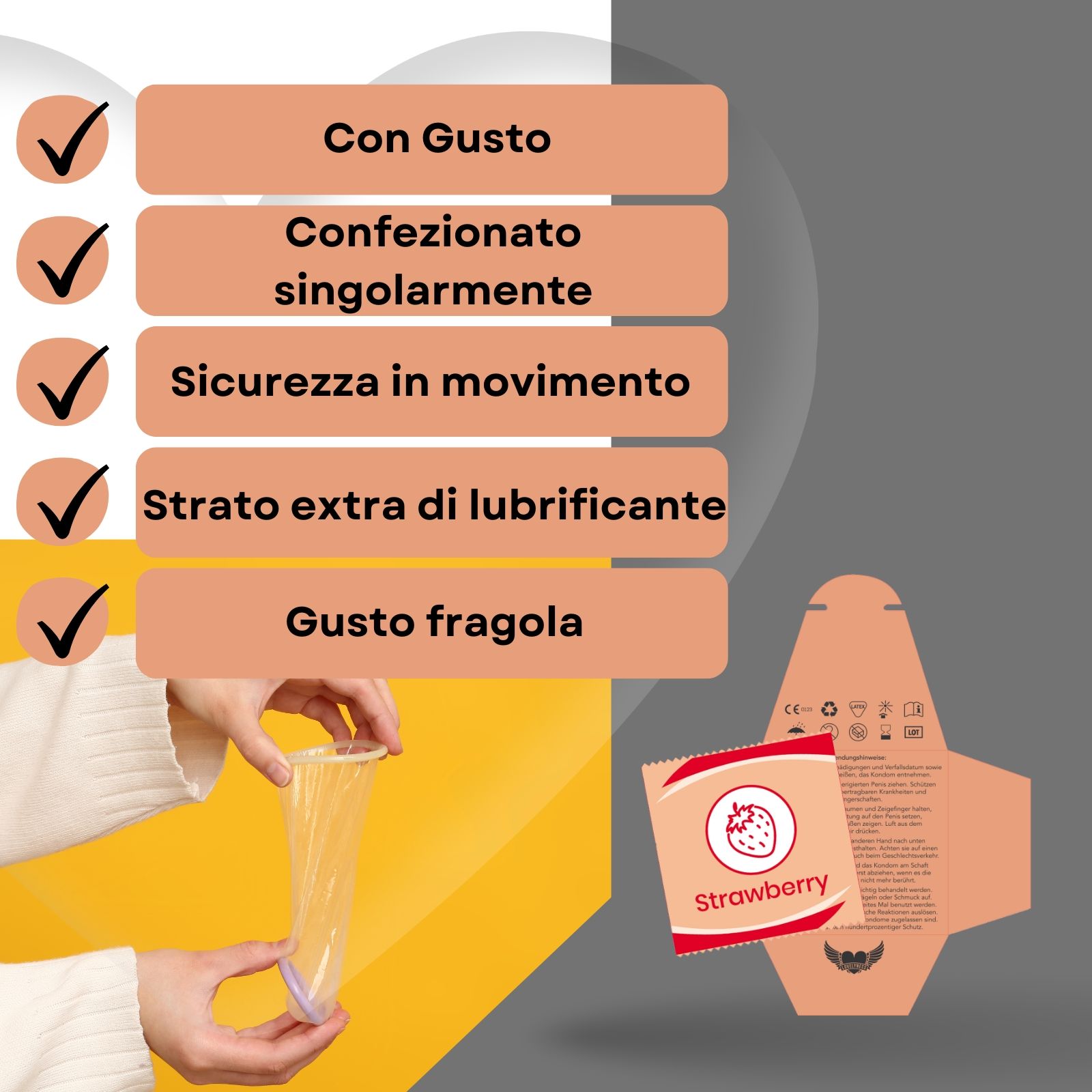 Confezione e preservativo. Testo: Con gusto, confezionato singolarmente, sicurezza, aroma fragola.