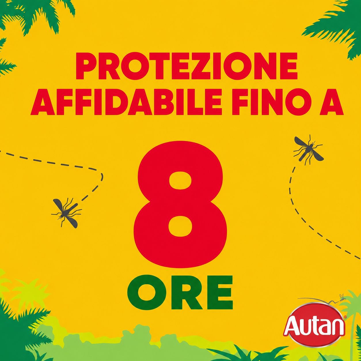 Sfondo giallo con testo: Protezione affidabile fino a 8 ore. Due illustrazioni di zanzare. Logo Autan.