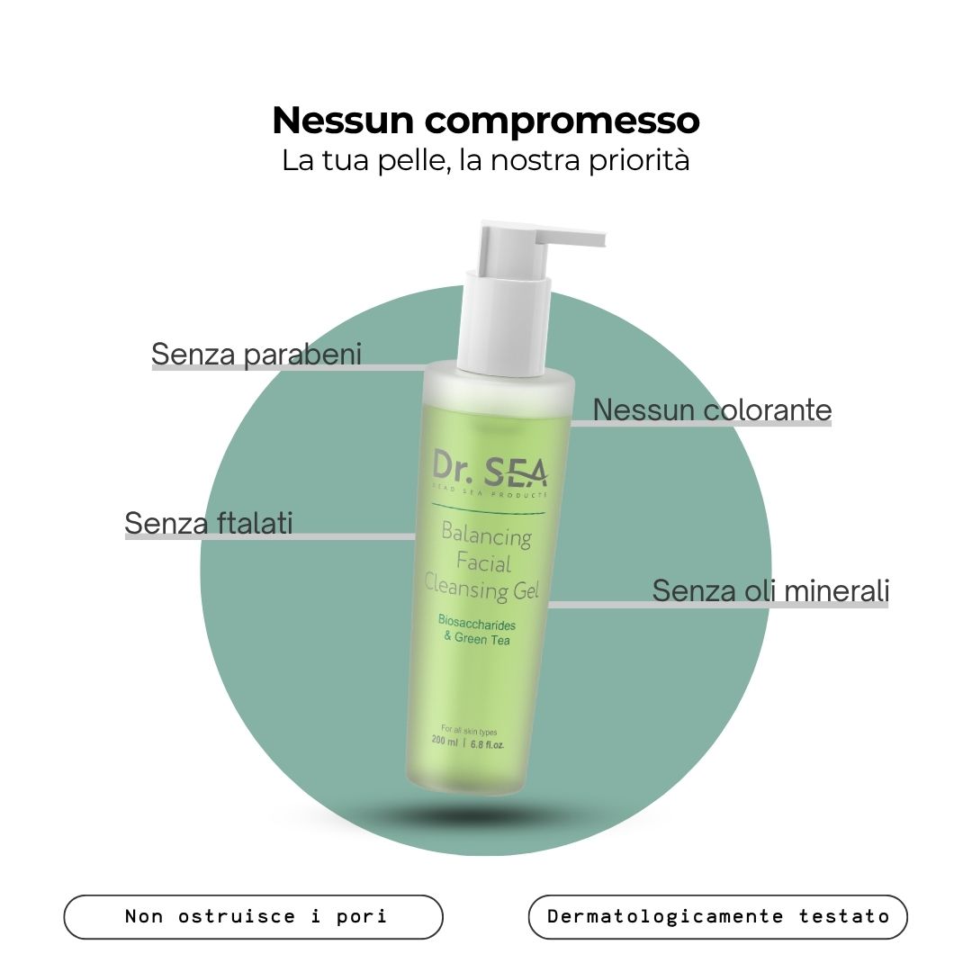 Flacone di prodotto con testo. Testo: Nessun compromesso. Dr. SEA Balancing Facial Cleansing Gel. Senza parabeni, ecc.