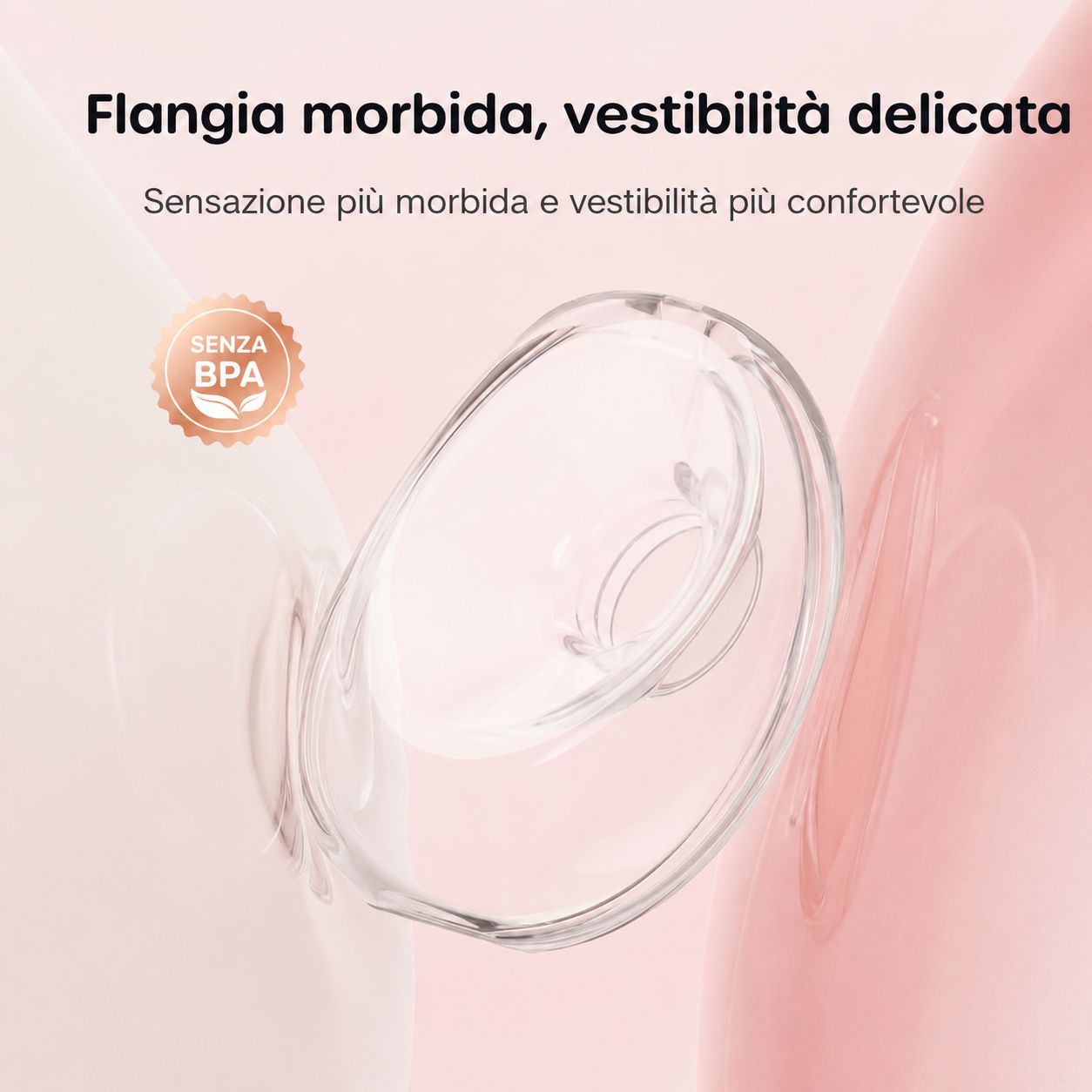 Primo piano della flangia morbida in silicone di un tiralatte rosa. Senza BPA per una vestibilità morbida e confortevole.