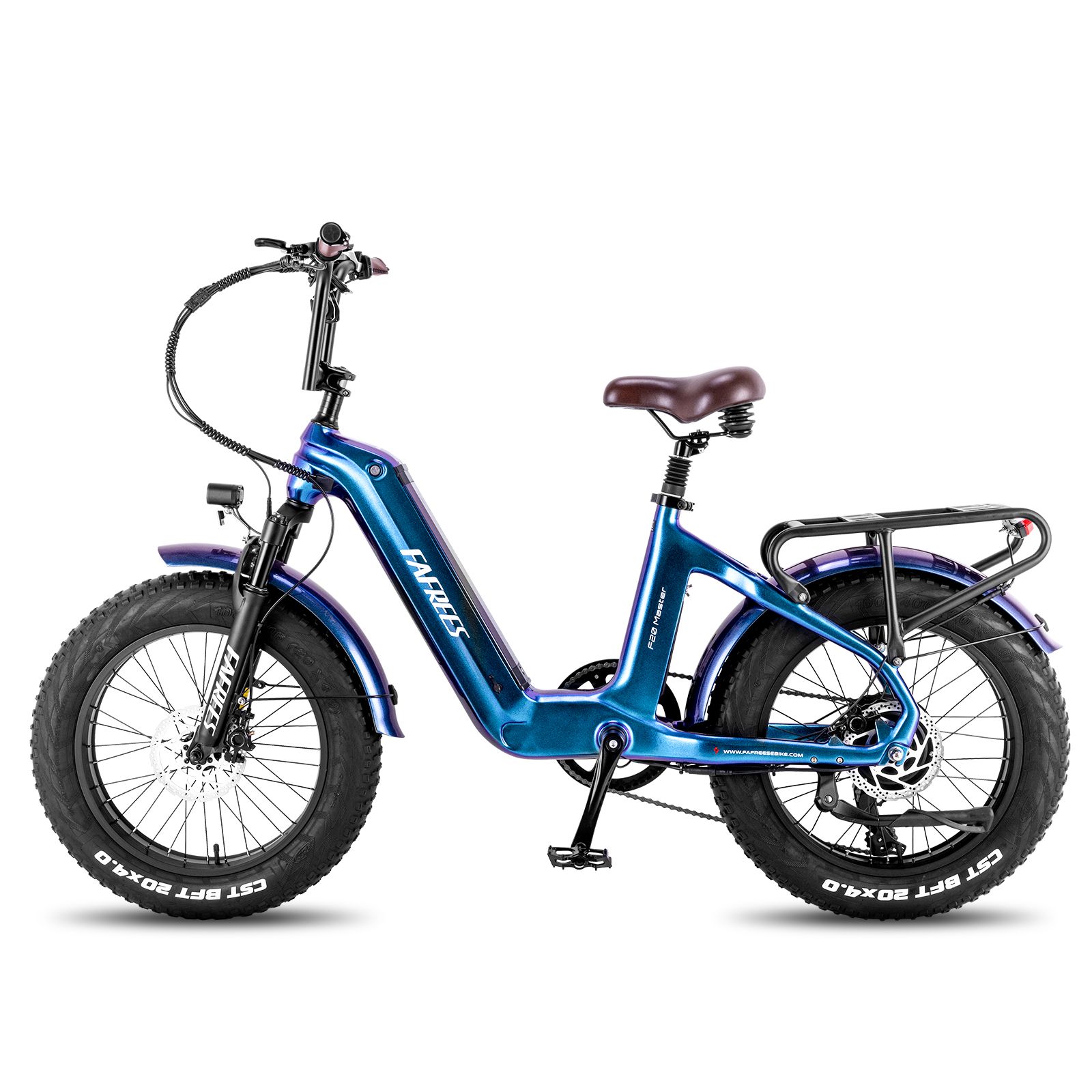 Bicicletta elettrica blu con pneumatici larghi, portapacchi e sella marrone. Marchio Fafrees.