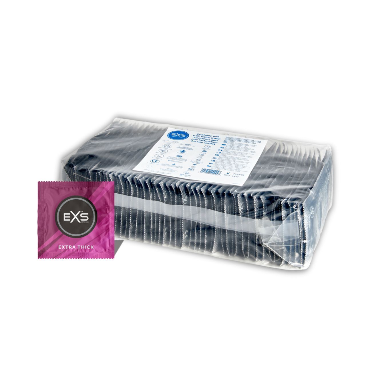 Confezione grande con molti preservativi EXS Extra Thick, confezionati singolarmente.