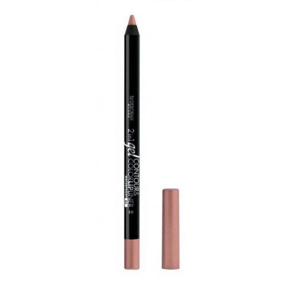 Matita contorno labbra nera con cappuccio e punta color oro rosa. Scritta: 2in1 Gel Contour & Color Lipliner.