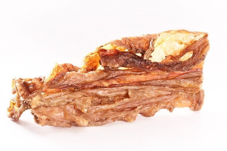 Pezzo di carne essiccata, varie tonalità di marrone, su sfondo bianco.