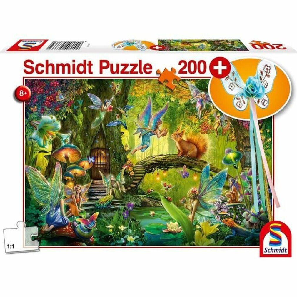 Scatola puzzle con motivo fatato, 200 pezzi. Include bacchetta magica. Marca: Schmidt Puzzle. Età consigliata: 8+. Confezione con immagine del prodotto.
