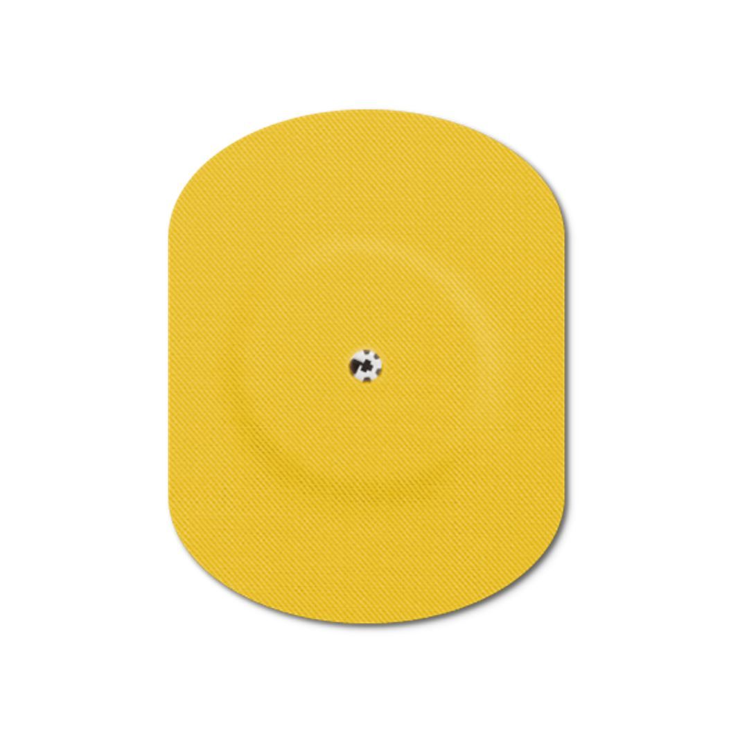 Cerotto giallo con foro di ventilazione. Ovale, superficie strutturata. Foro centrale. Su sfondo bianco.