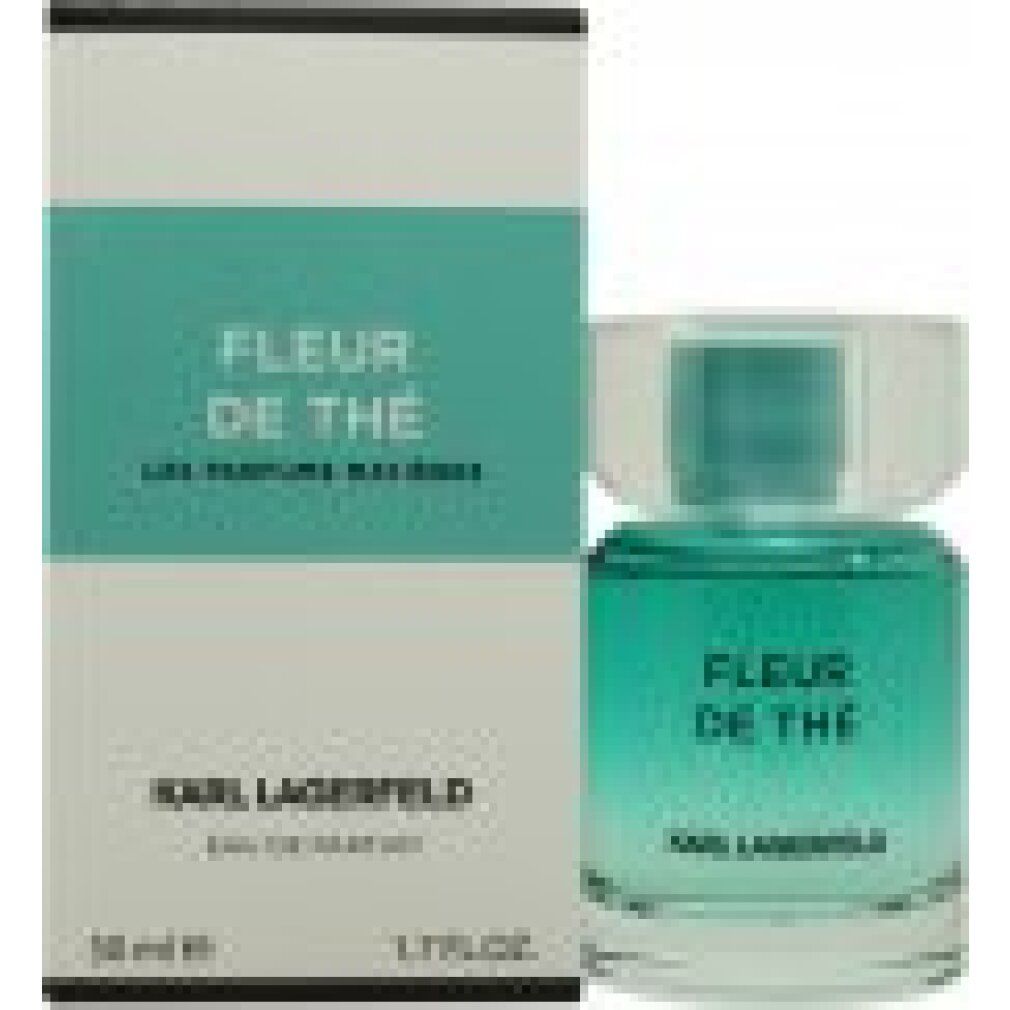 Flacone e confezione. Flacone: turchese, trasparente. Confezione: bianca, turchese. Scritta: Fleur de Thé, Karl Lagerfeld.
