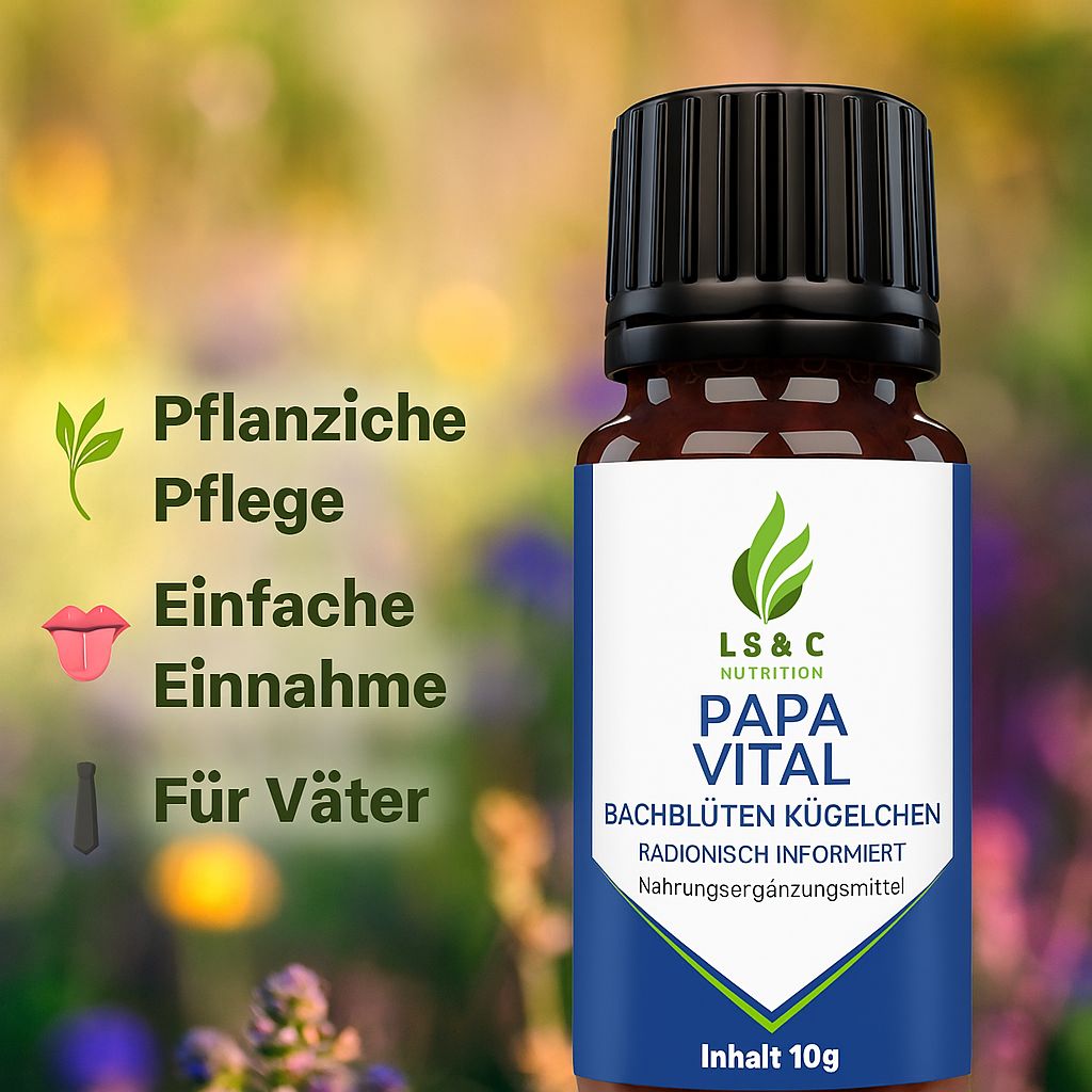 Flacone marrone con tappo nero. Etichetta bianca con logo e testo: Papa Vital, Bachblüten Kügelchen. Testo: Per i padri.