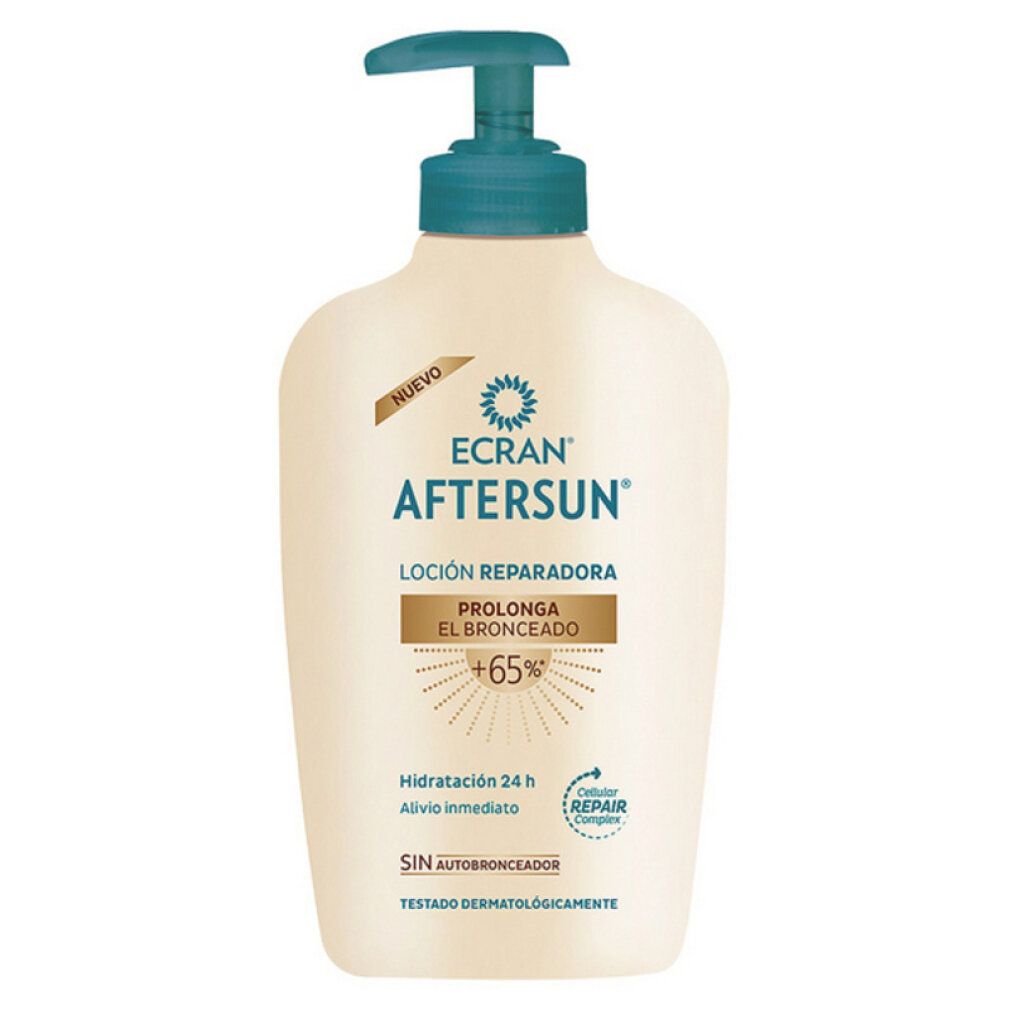 Flacone beige con erogatore blu. Scritta: Ecran Aftersun, Loción Reparadora, Prolonga el Bronceado. Testo: +65%, Idratazione 24 h, Sollievo immediato.