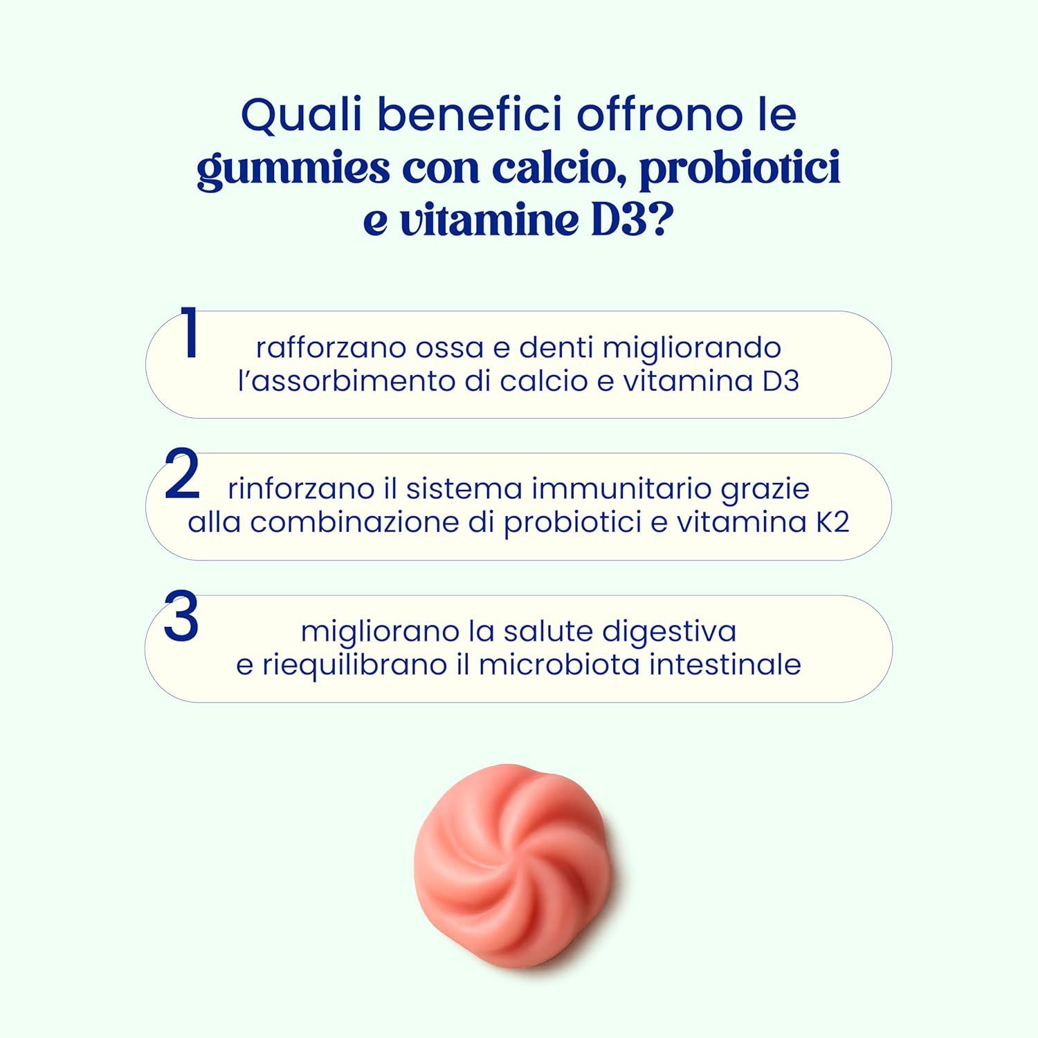 Caramelle gommose rosa. Testo: Quali benefici offrono le caramelle gommose con calcio, probiotici e vitamina D3? 3 benefici.