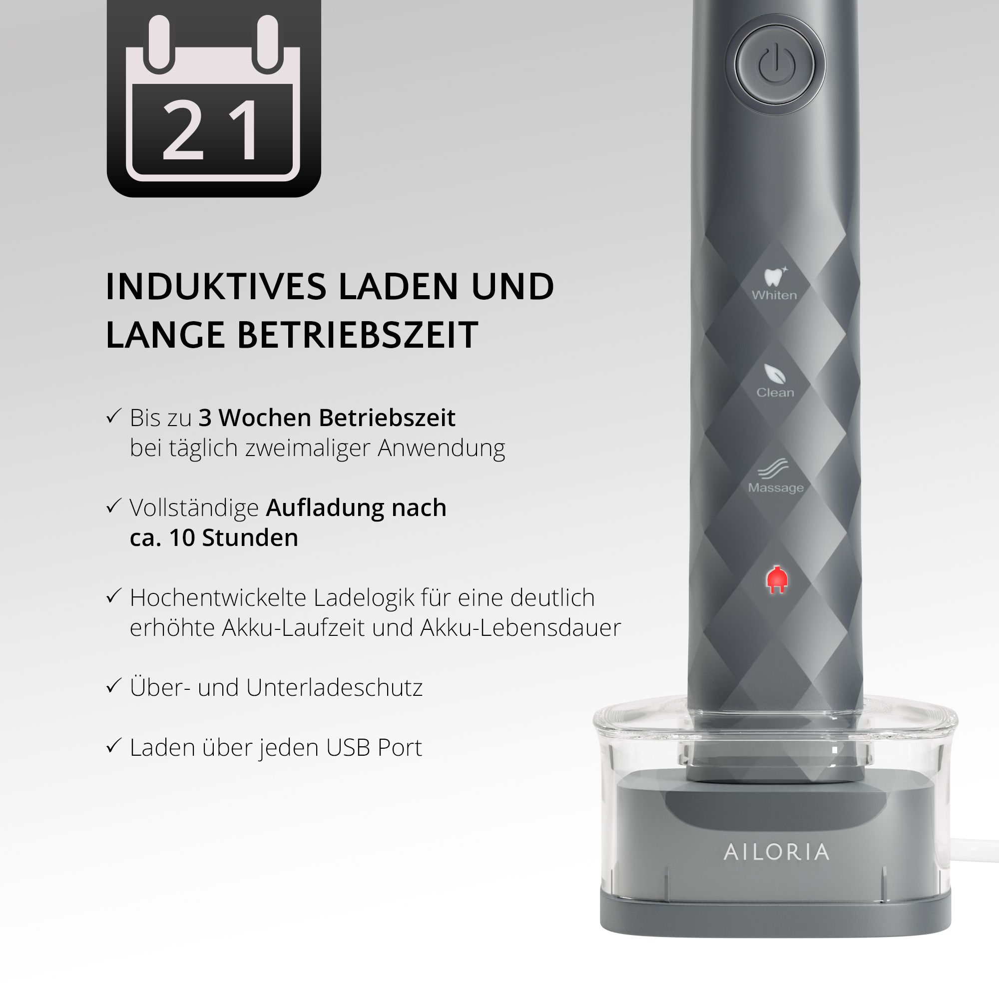 Spazzolino elettrico su stazione di ricarica. Ricarica a induzione. Fino a 3 settimane di autonomia. Logo AILORIA.