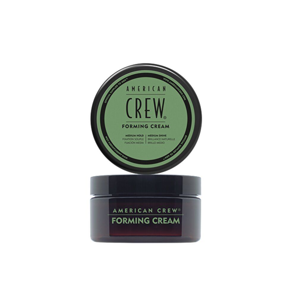 Vasetto e coperchio con scritta: AMERICAN CREW FORMING CREAM. Coperchio verde, vasetto marrone scuro.