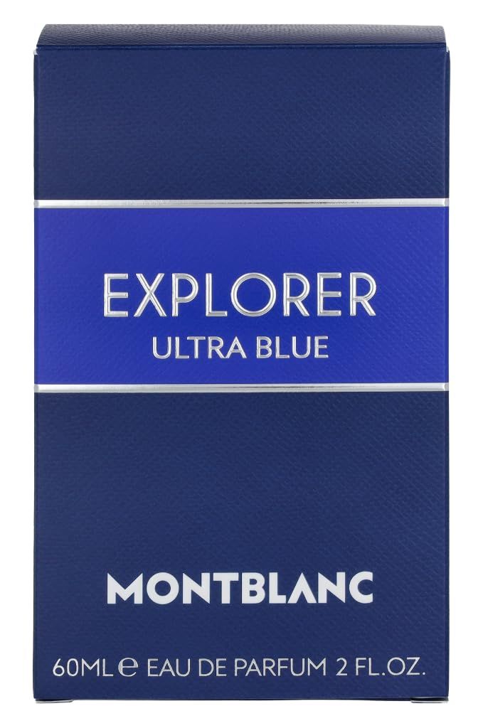 Scatola blu con EXPLORER ULTRA BLUE. Logo Montblanc. 60ml Eau de Parfum. Texture blu.