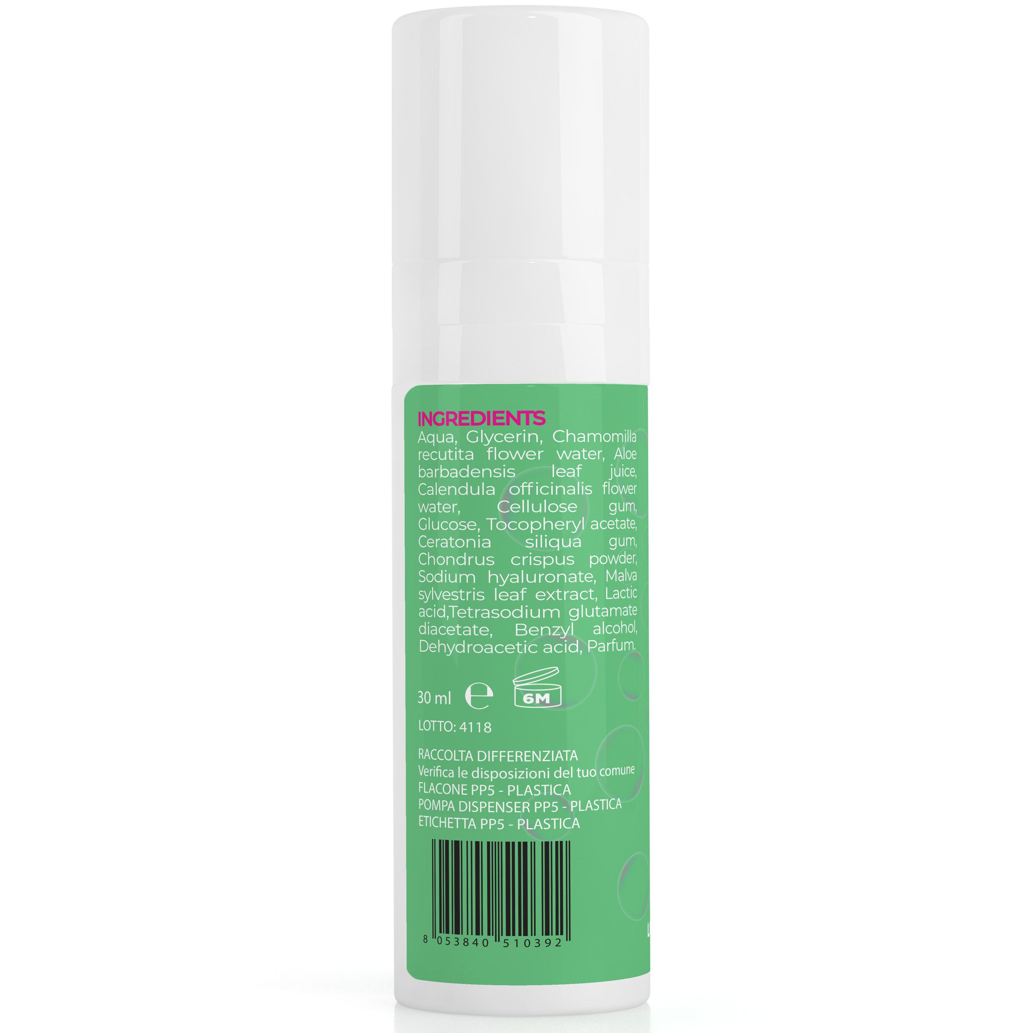 Flacone cilindrico con tappo bianco. Retro verde con ingredienti in inglese. Contenuto 30 ml. Logo CE e simbolo 6M.