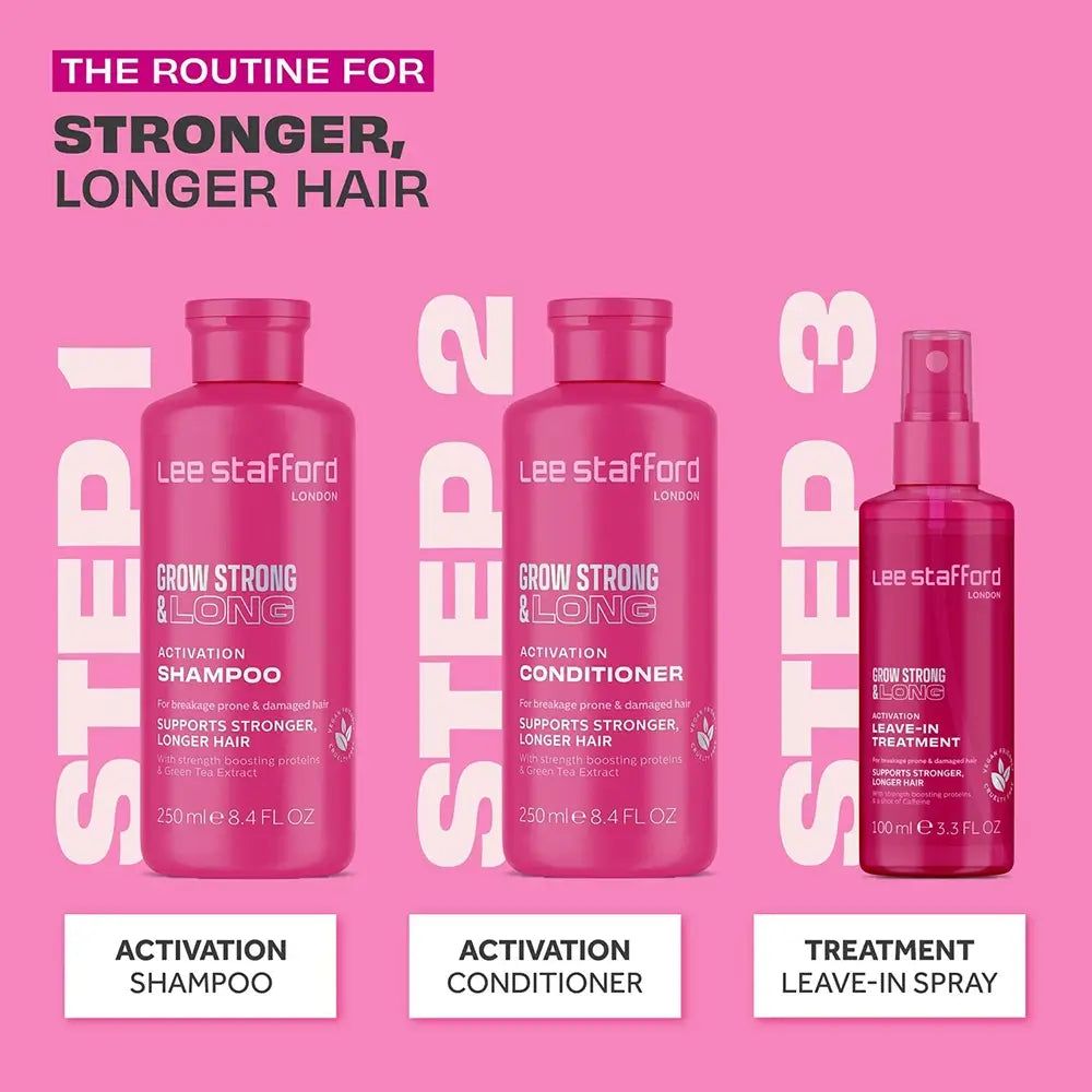 Routine per capelli più forti e lunghi: shampoo, balsamo, spray leave-in LEE STAFFORD.