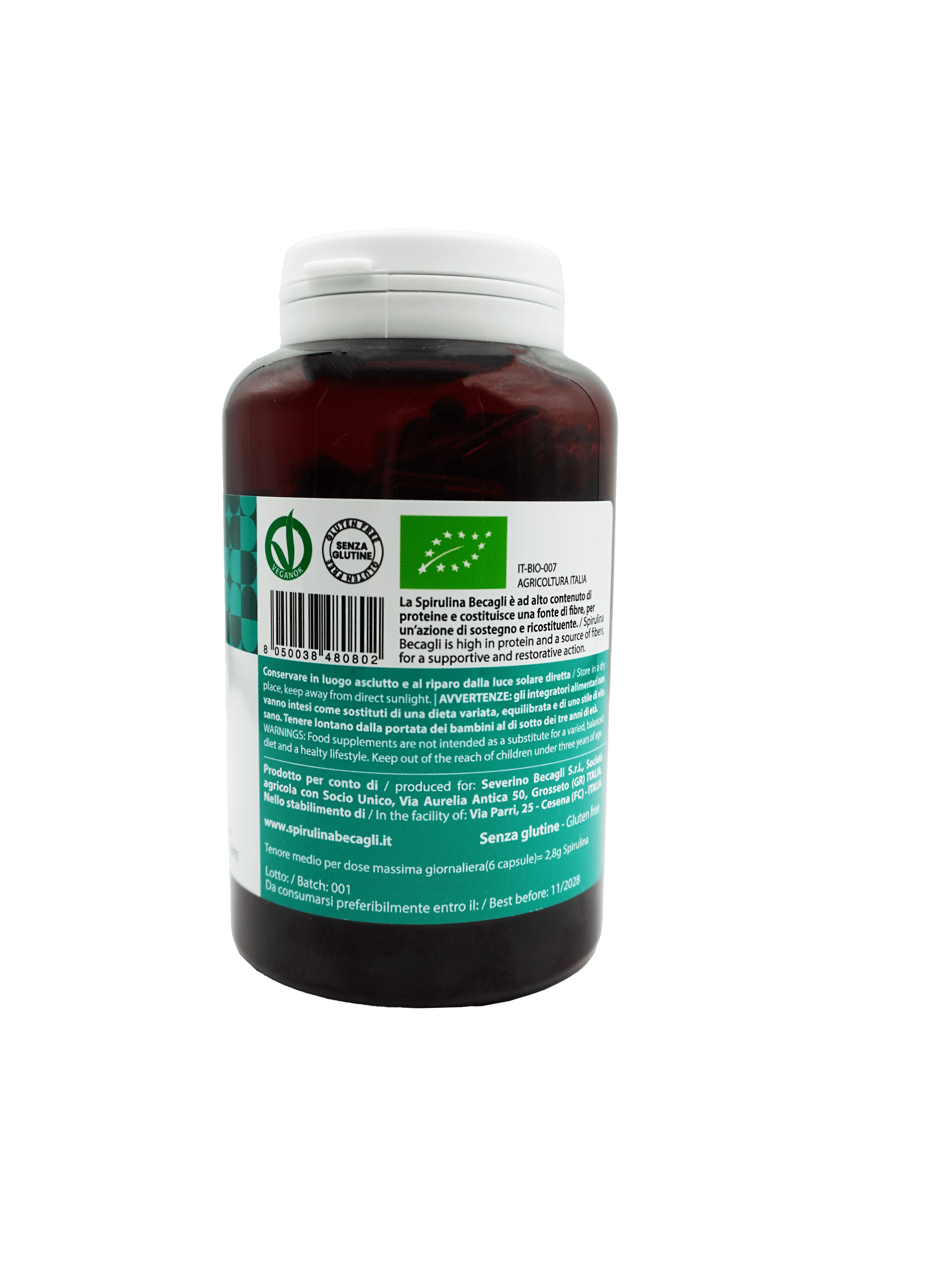 Flacone marrone con tappo bianco. Etichetta con testo e marchio bio. Spirulina Becagli Spirucap.