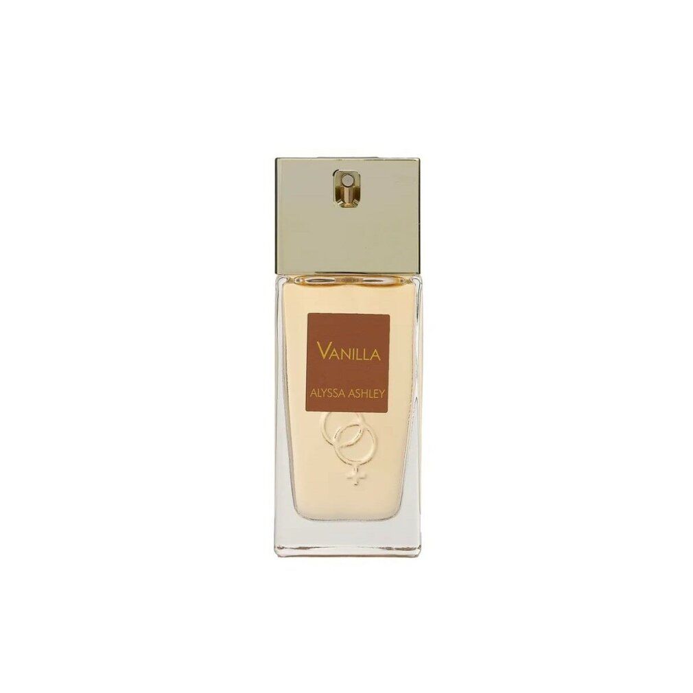 Flacone di profumo con tappo dorato. Scritta "Vanilla Alyssa Ashley".