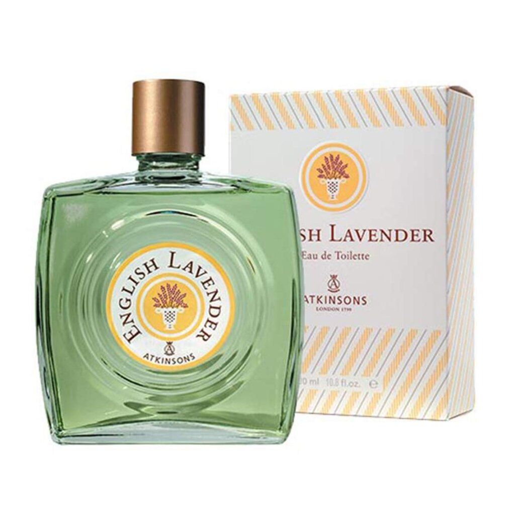 Flacone e confezione. Scritta 'English Lavender' e 'Atkinsons'. Flacone con tappo dorato.