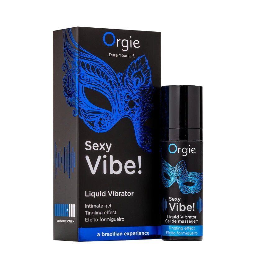 Confezione e flacone neri. Testo: Sexy Vibe!, Liquid Vibrator. Marchio: Orgie. Motivo maschera blu.